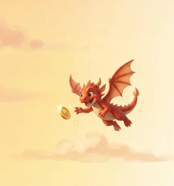 El dragón Aurio alcanza una moneda brillante