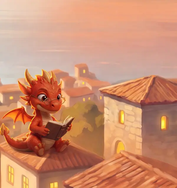 El dragón Aurio lee sobre los tejados al atardecer